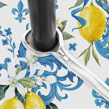 SASTYBALE Lemon Outdoor Tablecloth with Umbrella Hole and Zipper Rectangle 60X84 Inch French Country Lemons Flowers Zippered Table Cloth, Fabric Table Cover for Summer/Picnic/Patio/Camping, Blue