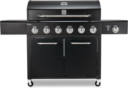 Kenmore 6-Burner Propane Gas Grill with Side Burner, 73,000 BTU Total Cooking Power, 819 Sq. In. Cooking Space, Cast Iron Grates, Warming Rack, Built-In Thermometer, For Outdoor BBQs Events, Black
