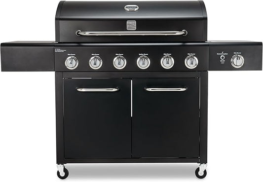 Kenmore 6-Burner Propane Gas Grill with Side Burner, 73,000 BTU Total Cooking Power, 819 Sq. In. Cooking Space, Cast Iron Grates, Warming Rack, Built-In Thermometer, For Outdoor BBQs Events, Black