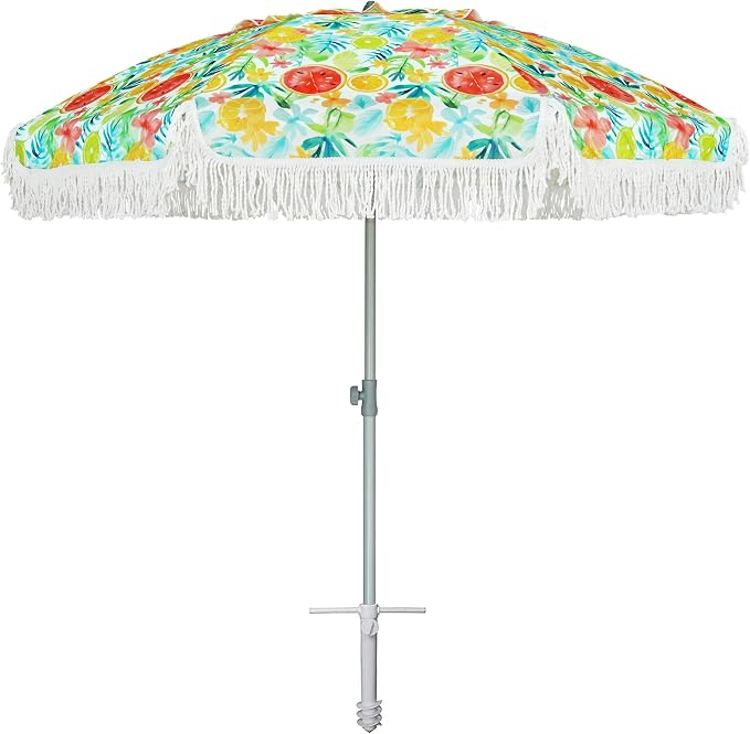 AMMSUN 6.5ft Heavy Duty Fringe Beach Umbrella with Sand Anchor and Tilt | UPF 50+ Windproof & Water-Resistant Canopy, Push-Button Tilt & Height Adjusting Knob for All-Day Shade, Removable Sand Anchor