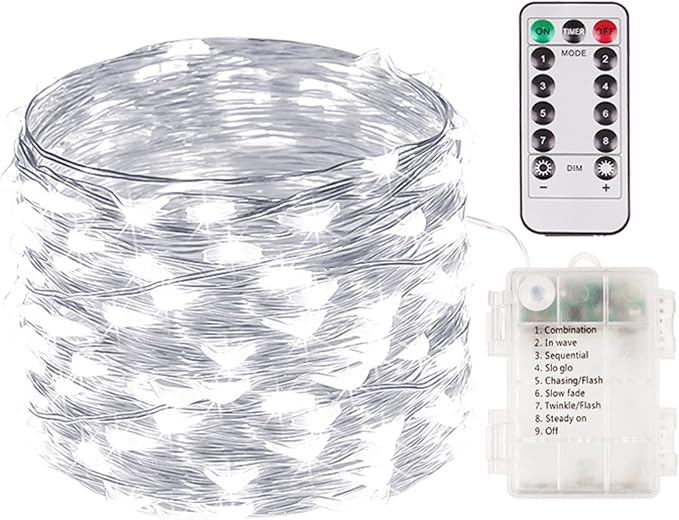 33FT 100 LED Fairy Lights Battery Operated with Remote and Timer Cool White | Remote Control, 8 Modes, Timer, Adjustable brightness, Waterproof Lights for Indoor Outdoor Classroom Christmas Decor