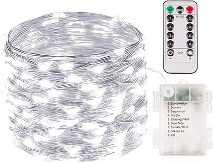 33FT 100 LED Fairy Lights Battery Operated with Remote and Timer Cool White | Remote Control, 8 Modes, Timer, Adjustable brightness, Waterproof Lights for Indoor Outdoor Classroom Christmas Decor