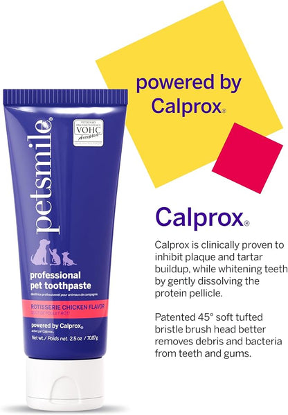 Petsmile Cat + Dog Dental Care Kit, Rotisserie Chicken 2.5 Oz | Toothpaste + 45° Patented Brush, VOHC Accepted, Calprox® Powered, Fights Plaque + Tartar, Remineralizes Teeth, 4-Month Supply