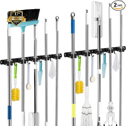 2 Pack Black Broom Holder Wall Mount, 5 Racks 4 Hooks Mop and Broom Holder | Mop Holder Wall Mount and Broom Hanger for Garage, Laundry Room, Kitchen and Utility Storage