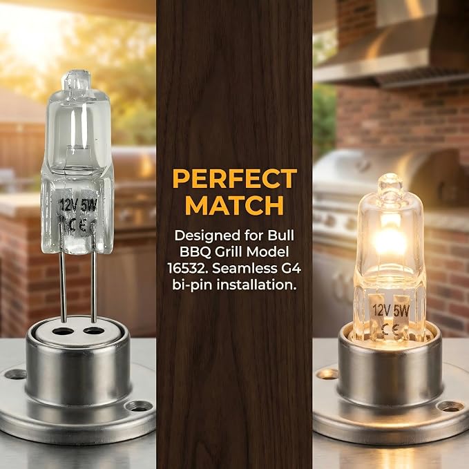 5W 12V BBQ Grill Bulb 4-Pack, Replacement for Bull Grills 16532 Clear White | 5W 12V clear white bulb for Bull Grills BBQ grill lights. Replaces part 16532. 4-pack value set for easy replacements.