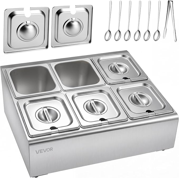 VEVOR Countertop Food Serving Display Container, Stainless Steel Food Salad Server Tray, Buffet Condiment Dispenser, Ice Cooled Rack with Separate Lid, for Restaurant Hotel Kitchen Party (6x1/6 Pan)