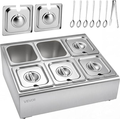VEVOR Countertop Food Serving Display Container, Stainless Steel Food Salad Server Tray, Buffet Condiment Dispenser, Ice Cooled Rack with Separate Lid, for Restaurant Hotel Kitchen Party (6x1/6 Pan)