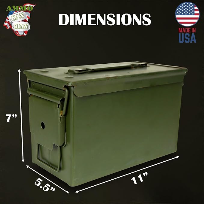 U.S. G.I. M2A1 50 Cal Ammo Can Organizer (OD Green) - Watertight Seal Metal Storage Box w/ Hinged Lid & Secure Latch – Ideal Ammo Can Surplus for Gear, First Aid, & Survival Supplies | First Aid | & Survival Supplies | Keeps Cans Locked In