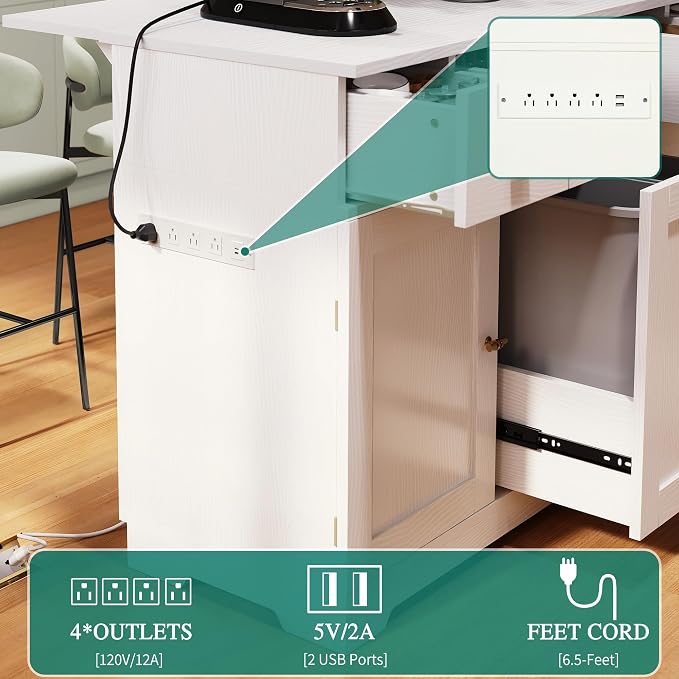 YITAHOME 59" Rolling Kitchen Island with Drop Leaf & Power Outlet, Double Pull-Out Kitchen Trash Can, Fits 10-Gal Waste Bin, Portable Islands on Wheels with Door Storage & Spice Rack, White