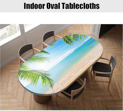 Ocean Oval Fitted Tablecloths, Palm Trees and Ocean Sea Pattern Pring Elastic Edged Table Covers, Fits Tables up to 54" x 76", Wrinkle-Proof Table Cloths Indoor Restaurant Outdoor Terrace Dining Use