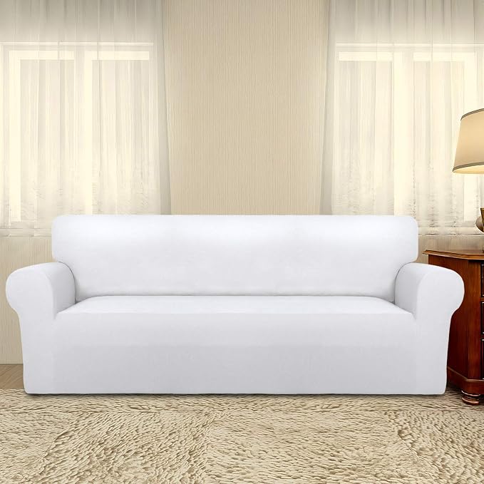 PureFit Stretch Oversized Couch Covers Fleece Sofa Slipcovers White | 1-Piece Sofa Cover Washable Soft Couch Protector, Couch Slipcover with Non Skid Foam and Elastic Bottom for Kids, Dogs