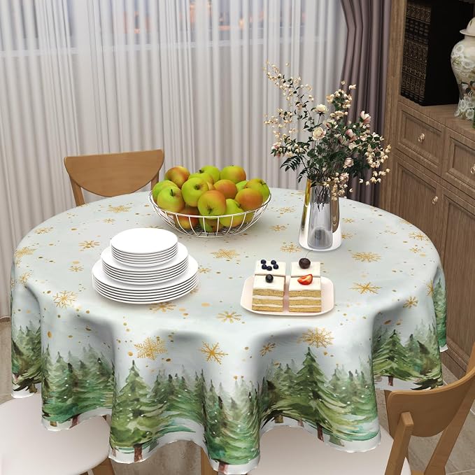 Sweetshow Winter Gold Snowflake Table Cloth Round Green Christmas Tree Tablecloth 60 Inch Winter Decor Washable Stain and Wrinkle Resistant Round Table Cover for Dining Party Picnic