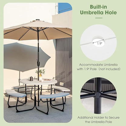 Round Picnic Table for Outdoors, 8 Person Outdoor Picnic Tables & Benches Set with Umbrella Hole, HDPE Tabletop & Metal Frame, 2000 LBS Capacity Table Bench Set for BBQ, Garden, Lawn, Patio