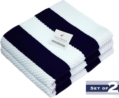 COTTON CRAFT Beach Lounge Chair Cover – 2 Pack Euro Spa Waffle Terry Towel Cabana Stripe Pool Chair Cover - 100% Cotton - 450 GSM Absorbent Quick Dry - Oversized 32 W x 82 L x 7 inch Pocket - Navy
