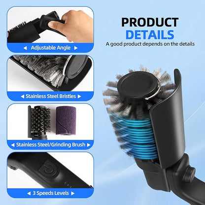 Cordless Electric Grill Brush with Adjustable Angle, 3-Speed Power Motor & Stainless Steel Head - Rechargeable, 90-Min Runtime, Waterproof Grill Cleaner for BBQ Grates & Griddles (Black)