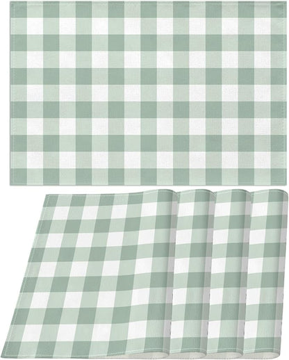 Sage Green Gingham Party Placemats Green and White Checkered Plaid Table Mats for Birthday Bridal Baby Shower Party Dining Table Decorations (12" x 18")