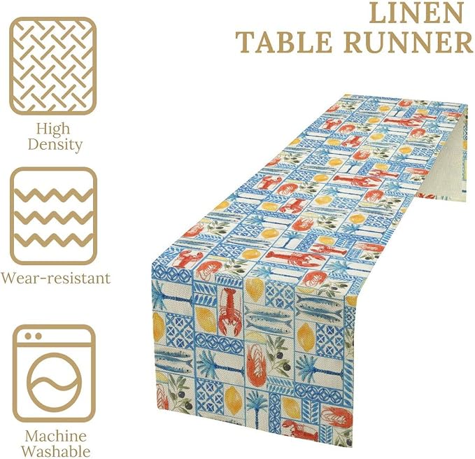 Summer Lemon Table Runner Crawfish Italian Lemons Table Cover Italy Blue Tiles Lemon Seafood Boil Themed Party Supplies Home Kitchen Dining Room Decor 13x90 Inch