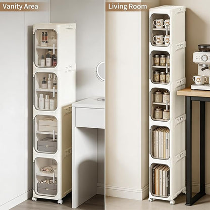 LXLXXL 5-Tier Narrow Storage Cabinet Slim Bathroom Storage Cabinet with Movable Wheels Tall Bathroom Organizer Skinny Cabinet for Small Spaces，Beige