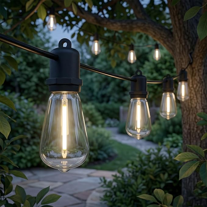 50FT LED Outdoor String Lights - 27 Shatterproof ST38 Edison Bulbs - Waterproof Patio Decor for Outside - Dimmable Bistro Cafe Hanging Lights