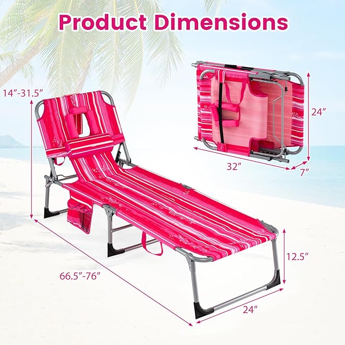 COSTWAY Tanning Chair with Face Hole, Folding Beach Lounge Chair with 4-Position Adjustable Backrest, Pillow & Side Pocket, Foldable Chaise Lounge Chair Outdoor for Sunbathing, Camping (1, Pink+White)
