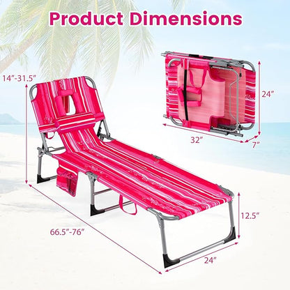 COSTWAY Tanning Chair with Face Hole, Folding Beach Lounge Chair with 4-Position Adjustable Backrest, Pillow & Side Pocket, Foldable Chaise Lounge Chair Outdoor for Sunbathing, Camping (1, Pink+White)