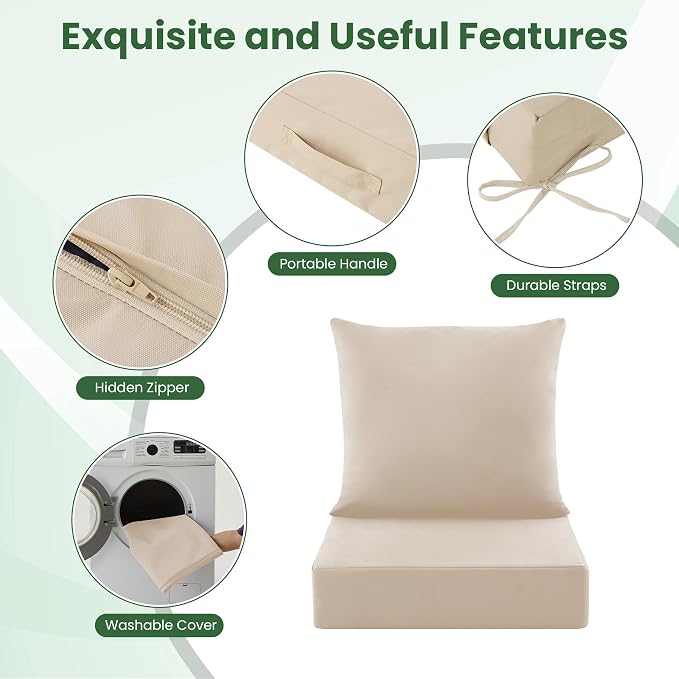 Patio Cushions for Outdoor Furniture, 24x24 Outdoor Couch Cushions, Waterproof & Fade-Resistant Patio Chair Cushions with Removable Cover, Replacement Outdoor Deep Seat Cushion, Beige (Set of 4)