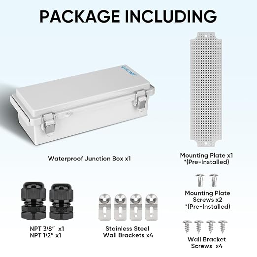 TICONN Outdoor Electrical Box Waterproof, Junction Box IP67 ABS Plastic Enclosure with Hinged Cover with Mounting Plate, Wall Brackets, Cable Glands (Off-White, 10.2"x4.3"x3.0")