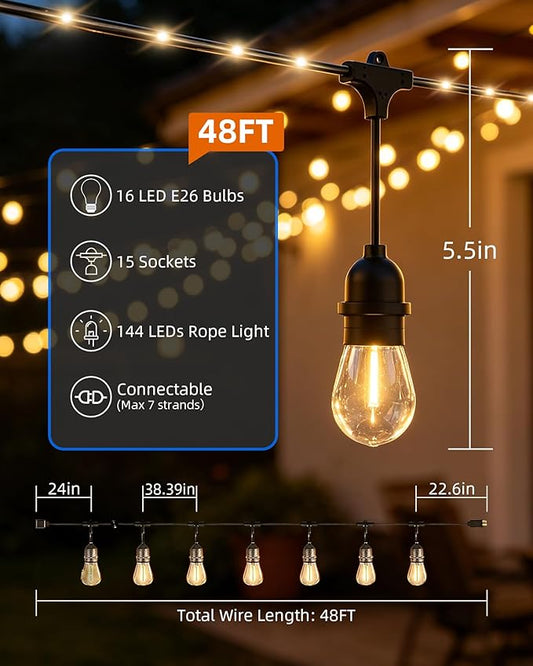 Outdoor String Lights With Lighted Tubing 48 ft, Commercial Grade String Lights with 16 (15+1spare) S14 Edison Bulbs & 144-LED Lighted Tubing, IP65 Waterproof Bistro Light for Patio, 2700K Warm White