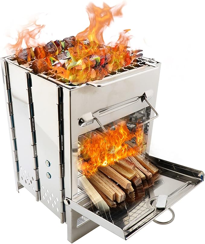 Stainless steel folding grill, portable square BBQ grill, integrated outdoor mini charcoal stove, wood stove, for backpacking and outdoor cooking (4 sizes) (7.9x7.9x10.6)