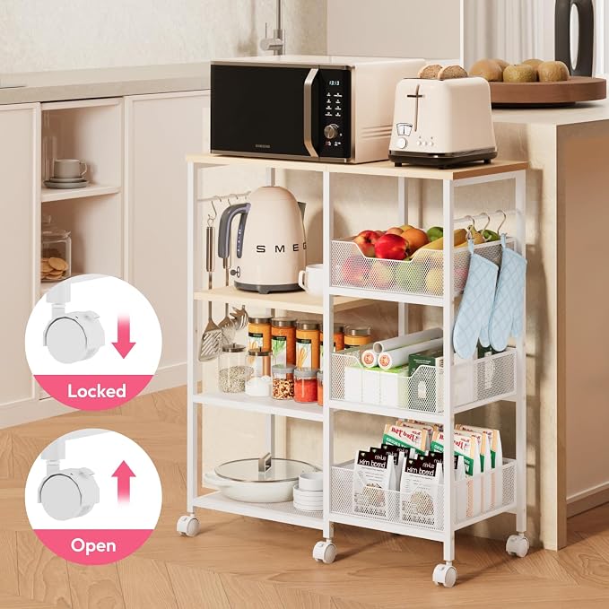 SWTYMIKI Kitchen Island Cart on Wheels - 4 Tier Rolling Kitchen Table Cart with Storage Shelves, 6 Removable Hooks& Locking Casters, Coffee Bar Cabinet for Dining Room Pantry Office, White