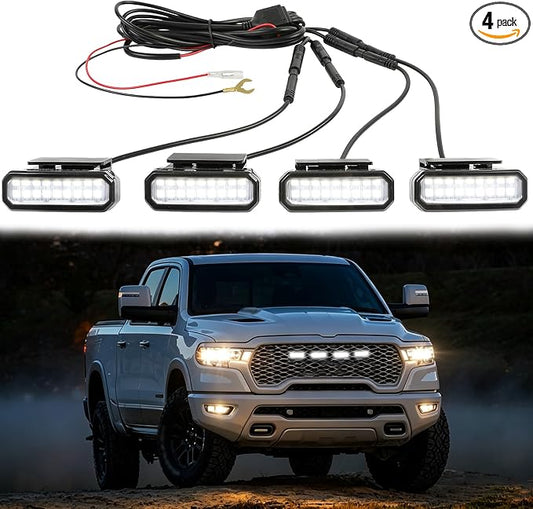 4PCS White Grille Lights LED，Universal Clip-On Car Front,IP66 Smoked Lens,Compatible with Dodge Ram 1500,Jeep Wrangler,Ford F150,Toyota Tacoma
