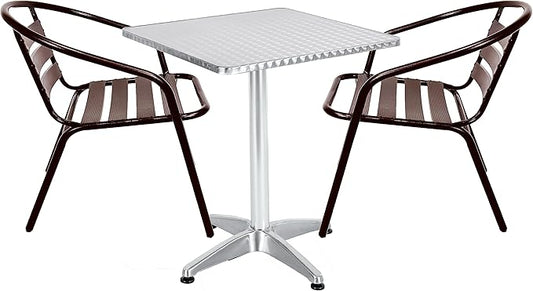 BTEXPERT Indoor Outdoor 23.75" Restaurant Stainless Steel Aluminum Metal Slat Stack Commercial Lightweight, 2 Chairs with a Square Table, Silver/Bronze