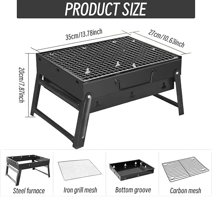 Portable Charcoal Grill with Grate 13.8x10.6x7.9'' Thickened Charcoal Grill Even Burning Foldable BBQ with Handle Perfect for On-the-Go Barbecue of 1-3, Small