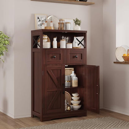 Befrases Dark Brown Storage Cabinet with Drawers and Shelves, Standing Kitchen Pantry Cabinet, Floor Storage Cabinet Hutch Cupboard, Coffee Bar Station for Dining Living Room Home Office