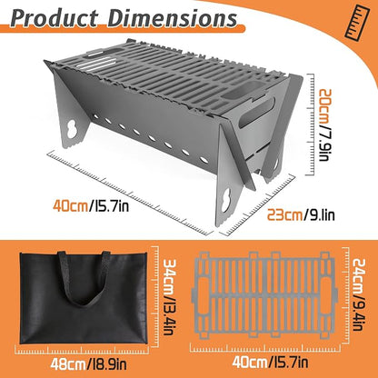 Portable charcoal Grill,Foldable Heavy Duty Camping,Non-Toxic | 15.7"x9.1"x7.9",2mm Steel Construction for Outdoor Cook, Family BBQ, Picnic，Detachable, Folds to 3cm Flat for Easy Storage