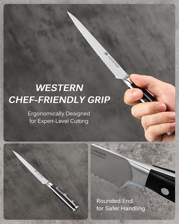 KYOKU 5.5 in. Serrated Utility Knife, Samurai Series Japanese Utility Chef Knife with Pakkawood Handle, German 1.4116 Stainless Steel Full Tang Sandwich Tomato Knife with Protective Sheath & Gift Box