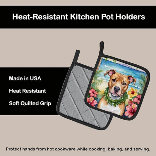 Caroline's Treasures Pit Bull Terrier Luau Pair of Pot Holders Kitchen Heat Resistant Pot Holders Sets Oven Hot Pads for Cooking Baking BBQ, 7 1/2 x 7 1/2