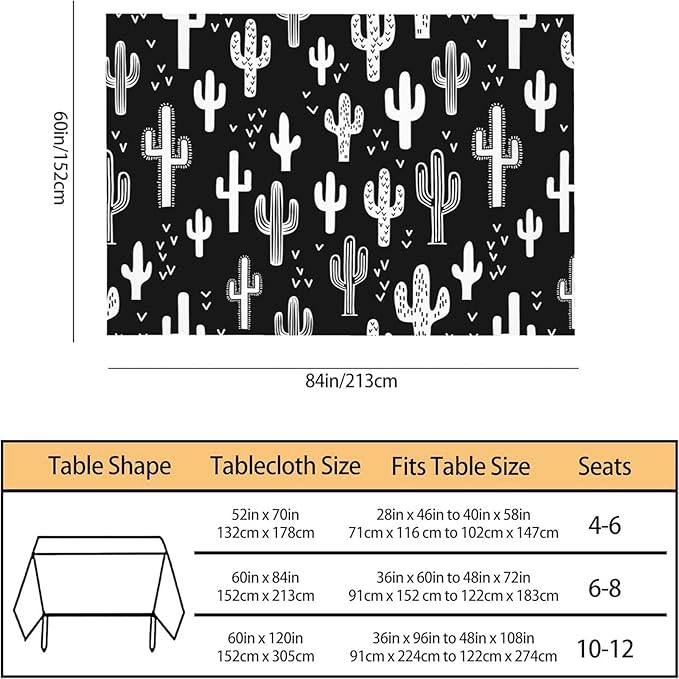 TKS MITLAN Tablecloth Black and White Cactus Table Cloth Rectangle Table 60 x 84 Inch Monochromatic Wild Plant Kitchen Decorations for Home Dinner Party
