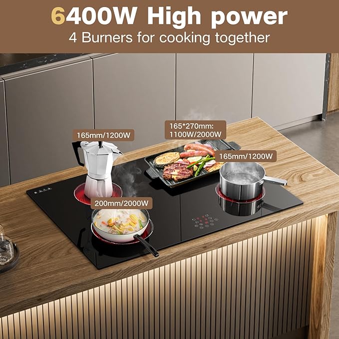 30 Inch Electric Cooktop Built-in Electric Stove Top, 4 Burner Electrics Stove 6400W, Touch Control, Extended Zone, Timer, Safety Lock, Pause, 220-240v, Hard Wire