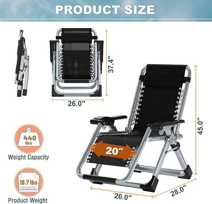 ABORON Zero Gravity Chair, Adjustable Outdoor Recliner with Removable Cushion, Headrest & Side Tray, Folding Lounge Chair for Patio, Lawn, Poolside & Camping