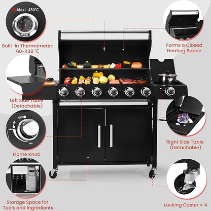 6-Burner w/Side Burner Gas Grill with 403 SQ.IN. Outdoor Grill with 60,000 BTU,Propane Grills with Top Cover Lid,Grills Outdoor Cooking for Patios,Camping,Balcony-Q032