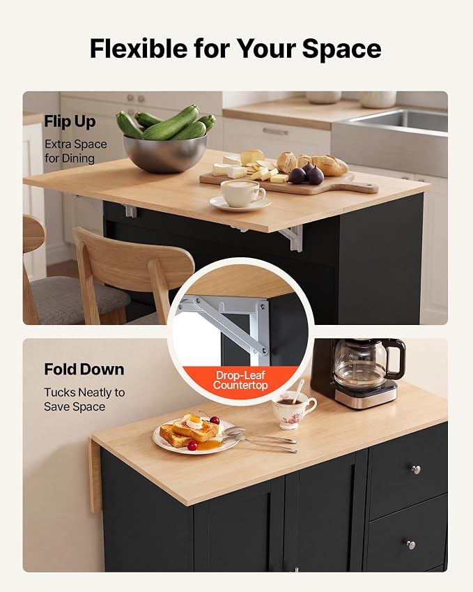 VEVOR Kitchen Island Cart with Storage, 42.4 in Wide Mobile Rolling Storage Island on Swivel Wheels, with 3 Drawers, Storage Cabinet, Drop Leaf, Towel Rack, Table for Home Dining Room, Black