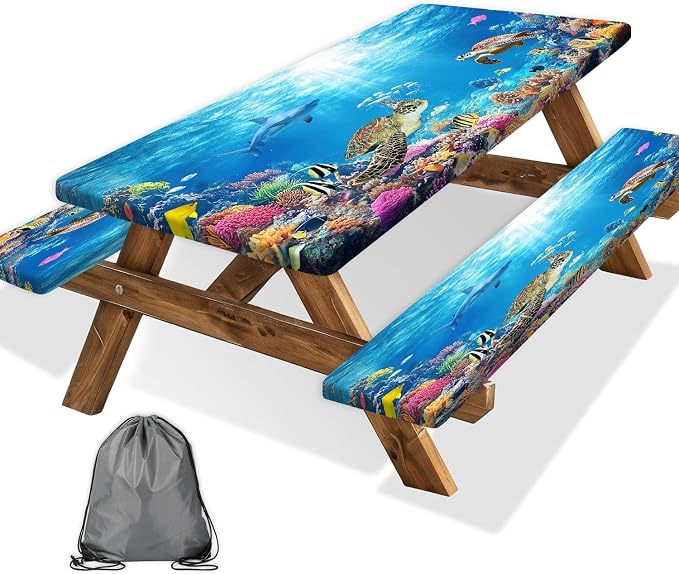 Ocean Animals Picnic Table Cover with Bench Covers, Camping Essentials, Underwater Sea Turtles Waterproof Windproof, Fitted Tablecloth Cover with Elastic Edge, for Garden & Outdoor, 3 PCS, 30x60 Inch