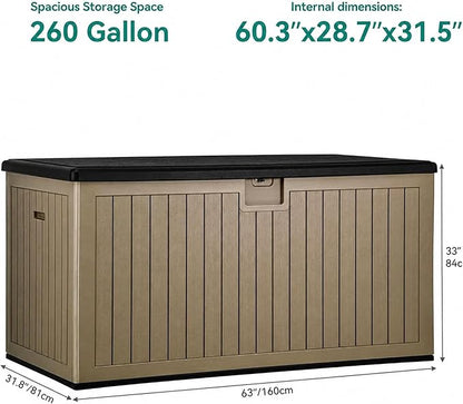 YITAHOME XXL 260 Gallon Large Deck Box,Outdoor Storage for Patio Furniture Cushions,Garden Tools and Pool Equipment with Flexible Divider,Waterproof,Lockable (Black&Brown)