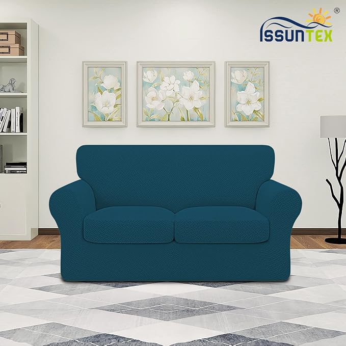 ISSUNTEX 3 Pieces High Stretch Thicken Loveseat Couch Covers, Soft Sofa Slipcover for 2 Separate Cushion Couch, Jacquard Fabric Elastic Sofa Cover Furniture Protector for Dogs (Loveseat, Peacock Blue)