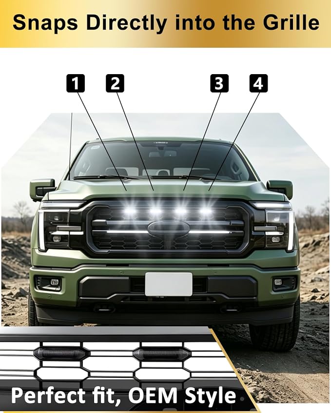 Front Grill Raptor Lights for Ford F150 2024 2025 2026 (White, Lariat) | 5th Gen F150 Grille Marker Lights, Waterproof F150 LED Lights Accessories, Snap-in Installation, OEM Style, Off-road Driving