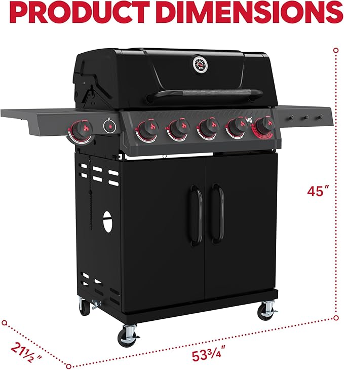 Feasto 5 Burner Propane Gas Grill with Side Burner & Sear Burner, Porcelain-Enameled Main Body and Lid, Propane BBQ Grill with Warming Rack & Storage Cabinet for Outdoor, Patio, Backyard