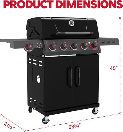 Feasto 5 Burner Propane Gas Grill with Side Burner & Sear Burner, Porcelain-Enameled Main Body and Lid, Propane BBQ Grill with Warming Rack & Storage Cabinet for Outdoor, Patio, Backyard