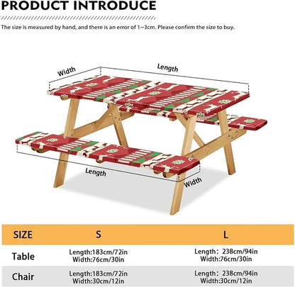 Xmas Table Cloth with Bench Covers 3 PCS for Outdoor Christmas Reindeers Camping Accessories Fitted Outdoor Tablecloth