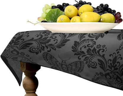Black Damask Tablecloth Gothic Vintage Floral Skull Exotic Moth Antique Table Cloth Water Resistant Wipeable Table Cover for Farmhouse Party Holiday Kitchen Dinner Table 55x55